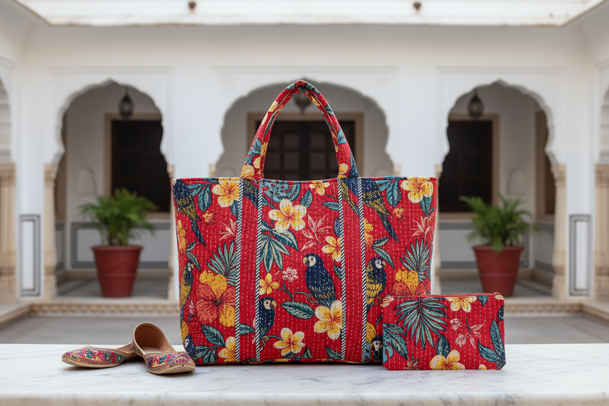 Gulbagh Quilted Tote Bag – Handcrafted Jaipuri Cotton